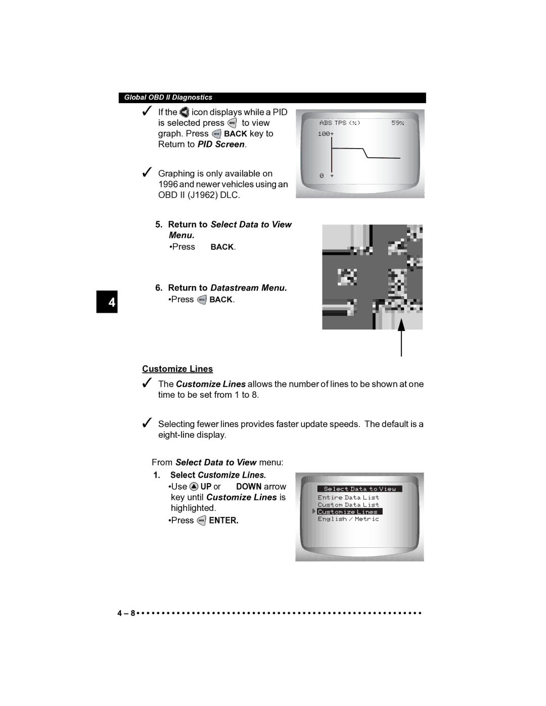 Actron CP9185 manual Return to Select Data to View Menu, From Select Data to View menu Select Customize Lines 