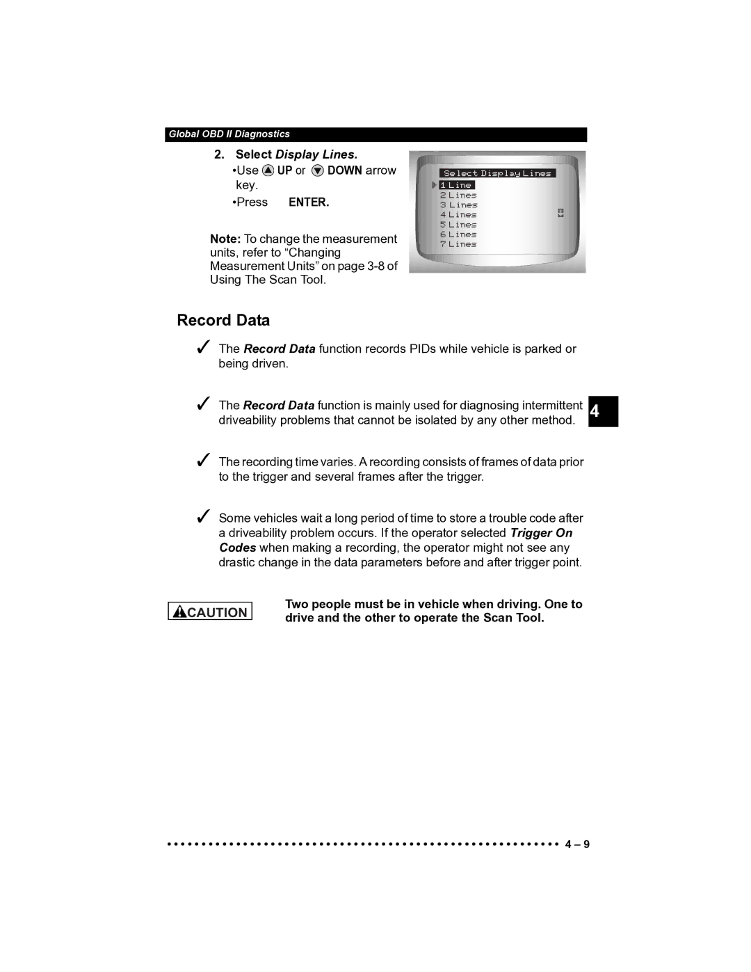 Actron CP9185 manual Record Data, Select Display Lines 