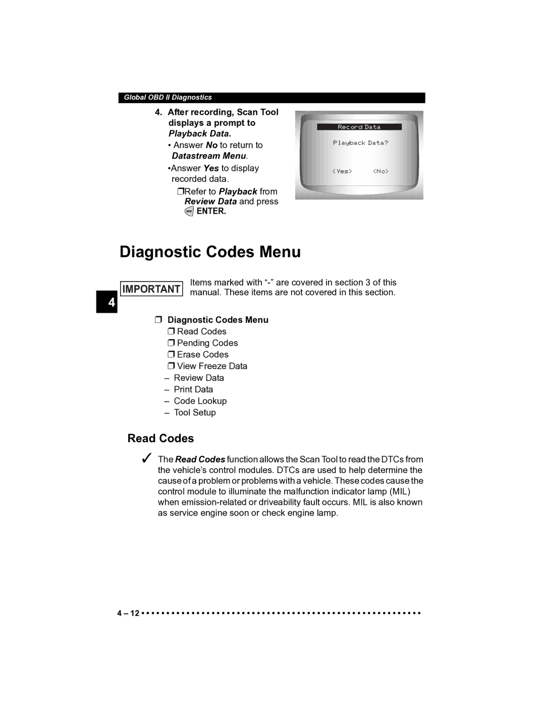 Actron CP9185 manual Diagnostic Codes Menu, Read Codes 