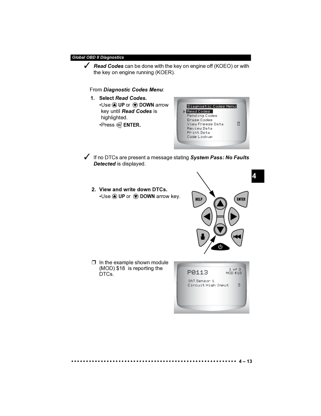 Actron CP9185 manual From Diagnostic Codes Menu Select Read Codes, Use UP or Down arrow key until Read Codes is highlighted 