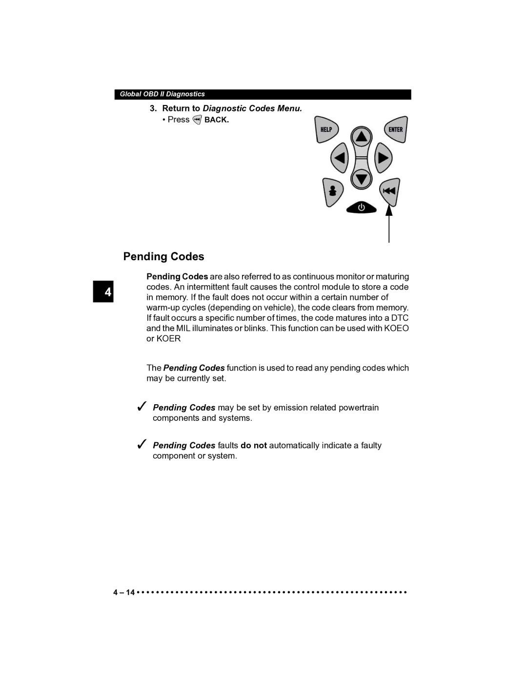 Actron CP9185 manual Pending Codes, Return to Diagnostic Codes Menu 