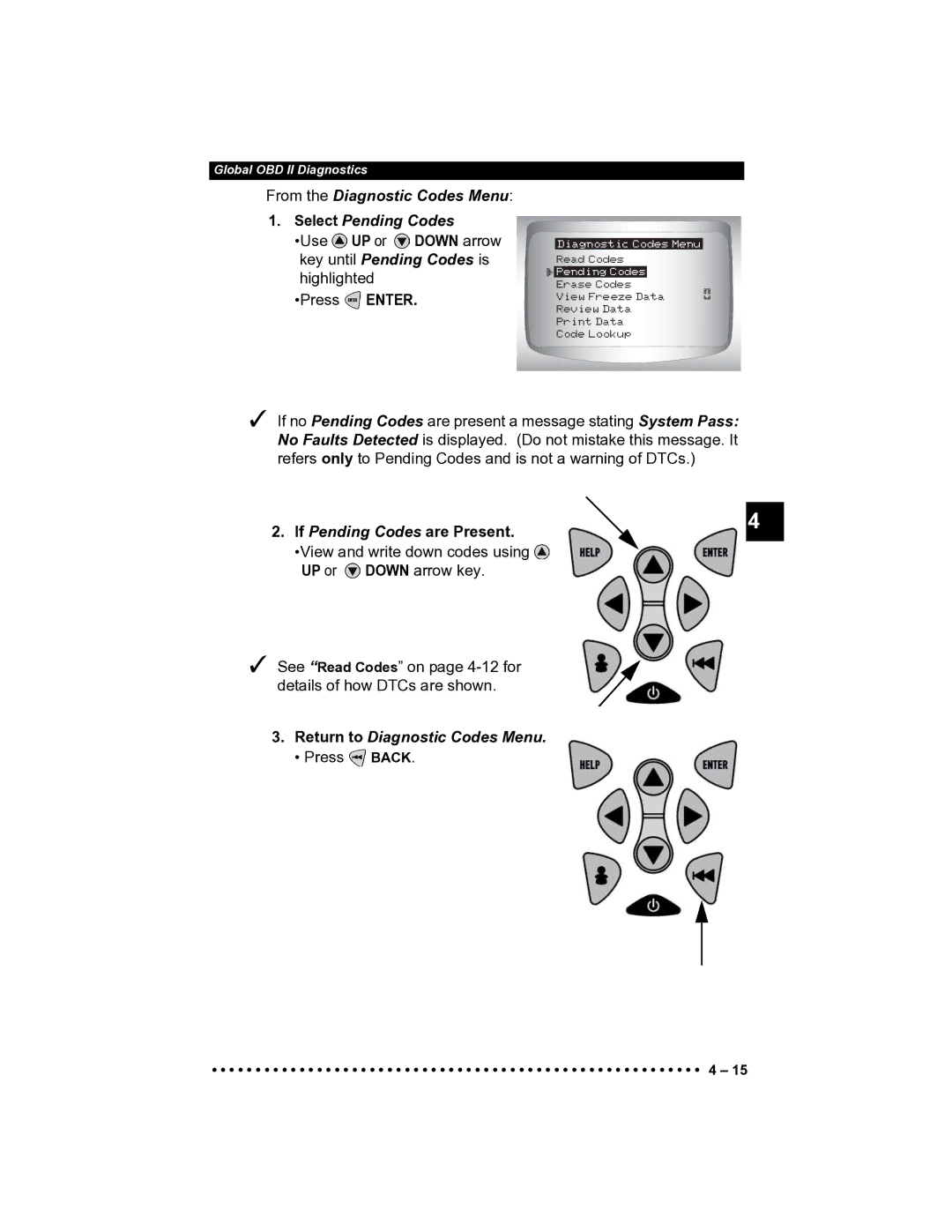 Actron CP9185 manual From the Diagnostic Codes Menu Select Pending Codes, If Pending Codes are Present 