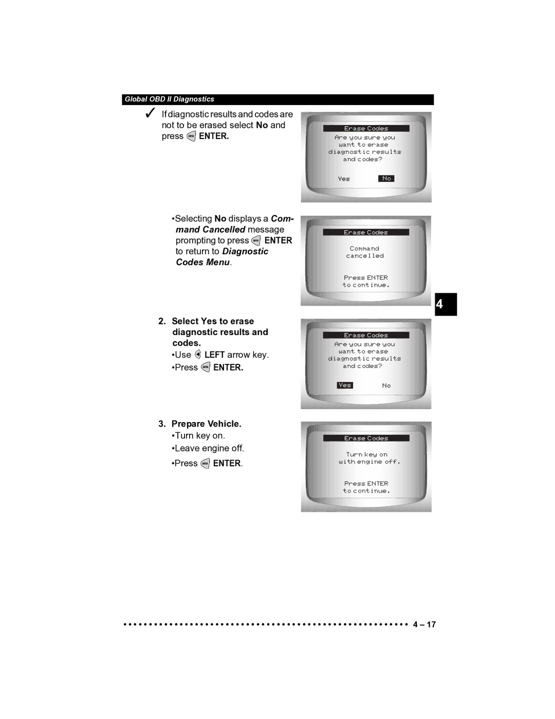 Actron CP9185 manual Select Yes to erase diagnostic results and codes 