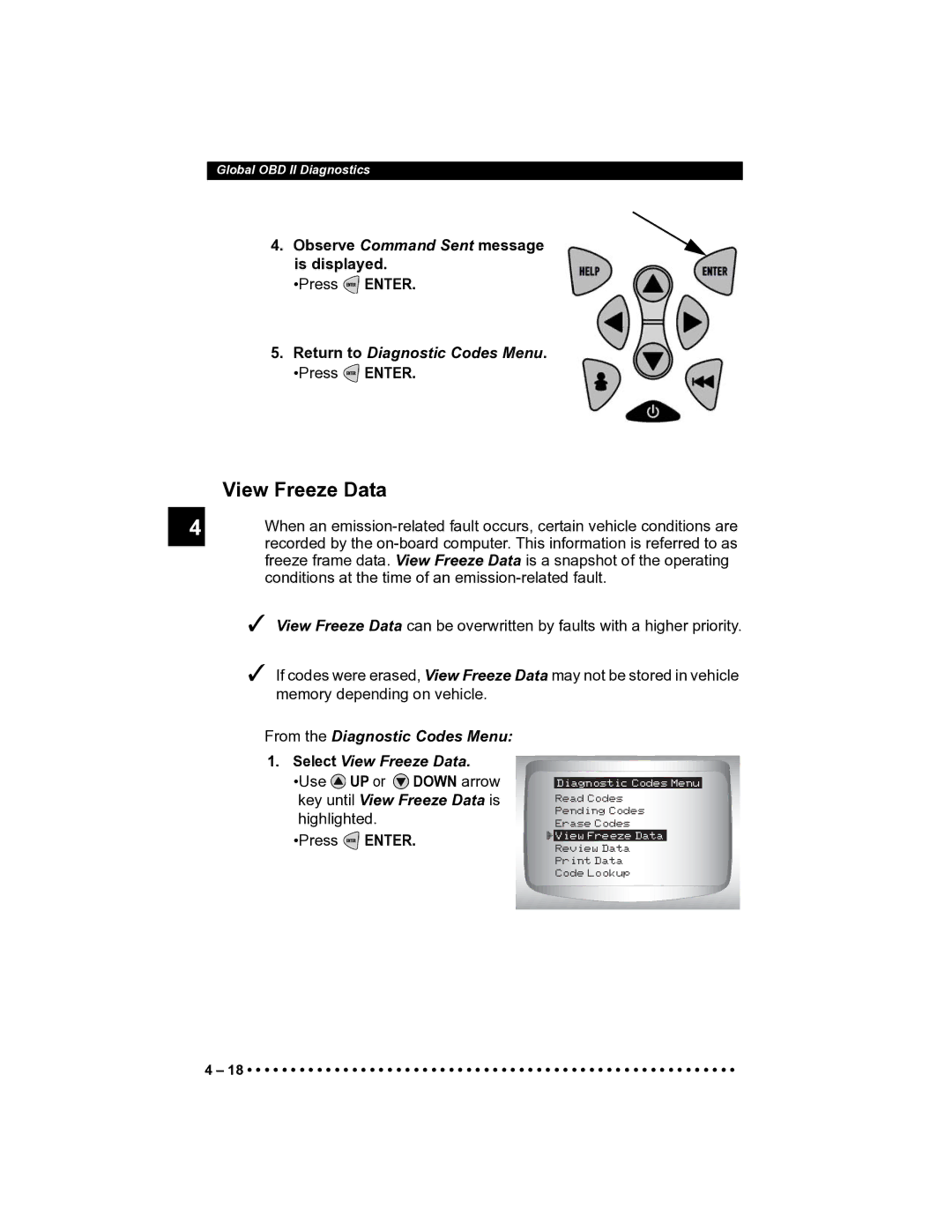 Actron CP9185 View Freeze Data, Observe Command Sent message is displayed, Return to Diagnostic Codes Menu. Press Enter 