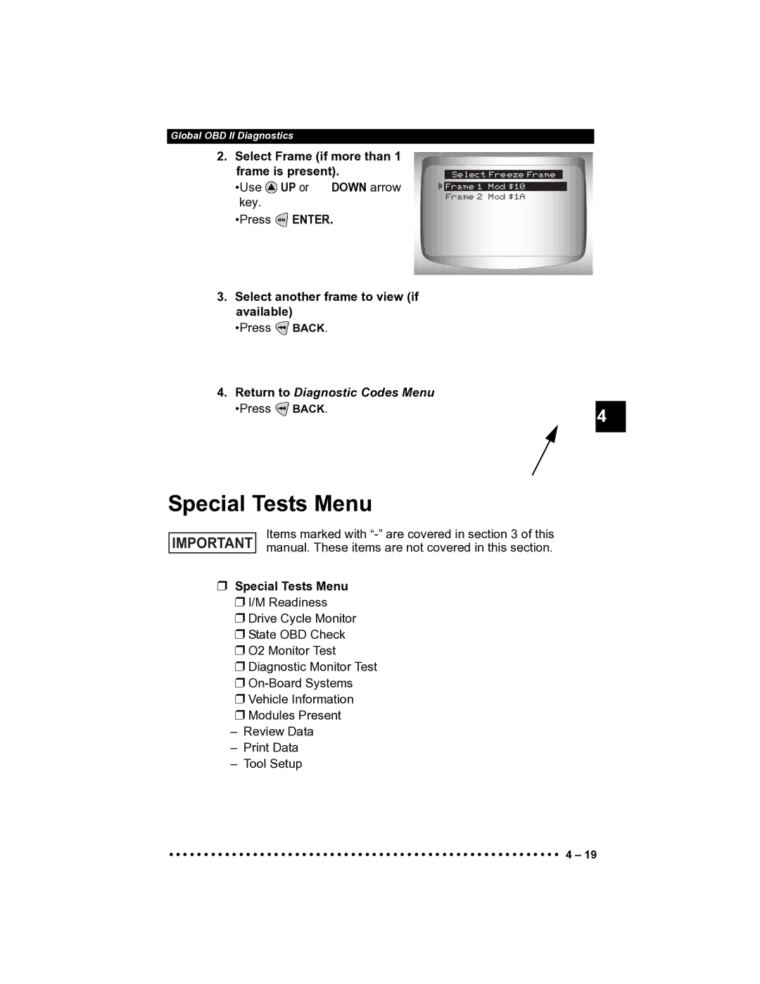 Actron CP9185 manual Special Tests Menu, Select another frame to view if available 