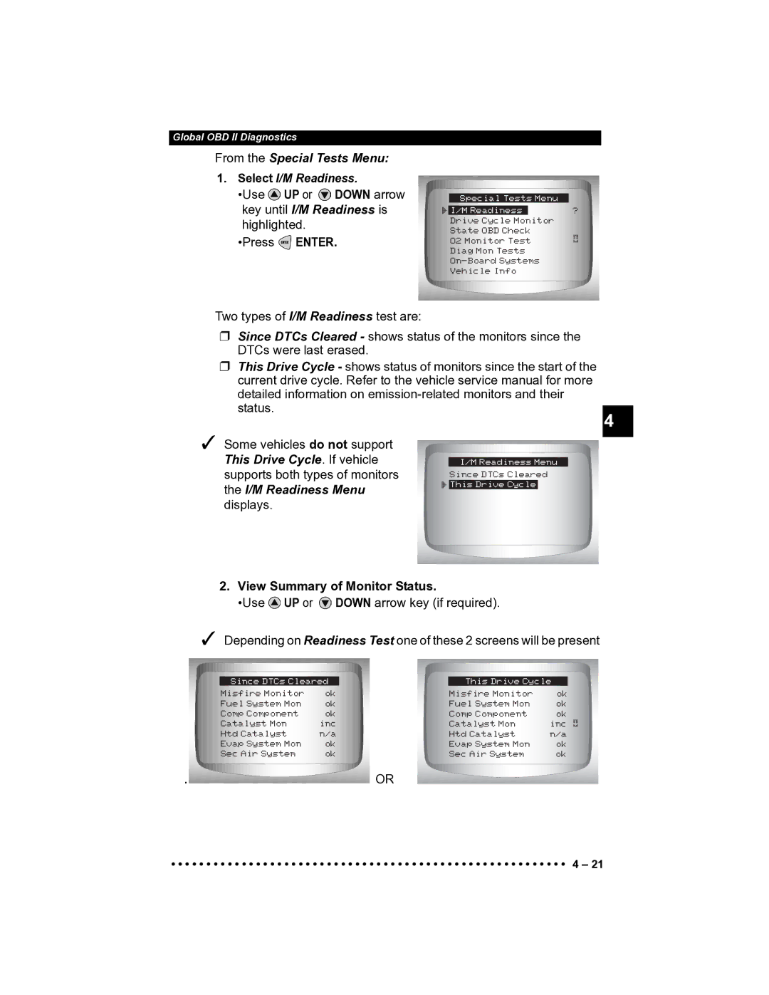 Actron CP9185 manual From the Special Tests Menu Select I/M Readiness, This Drive Cycle. If vehicle, I/M Readiness Menu 