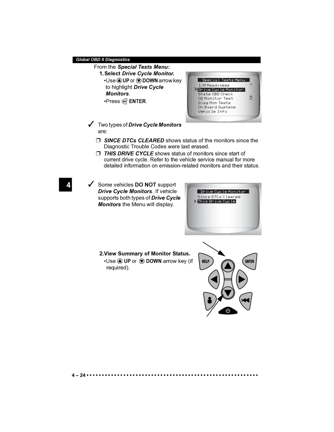 Actron CP9185 manual From the Special Tests Menu Select Drive Cycle Monitor, View Summary of Monitor Status 