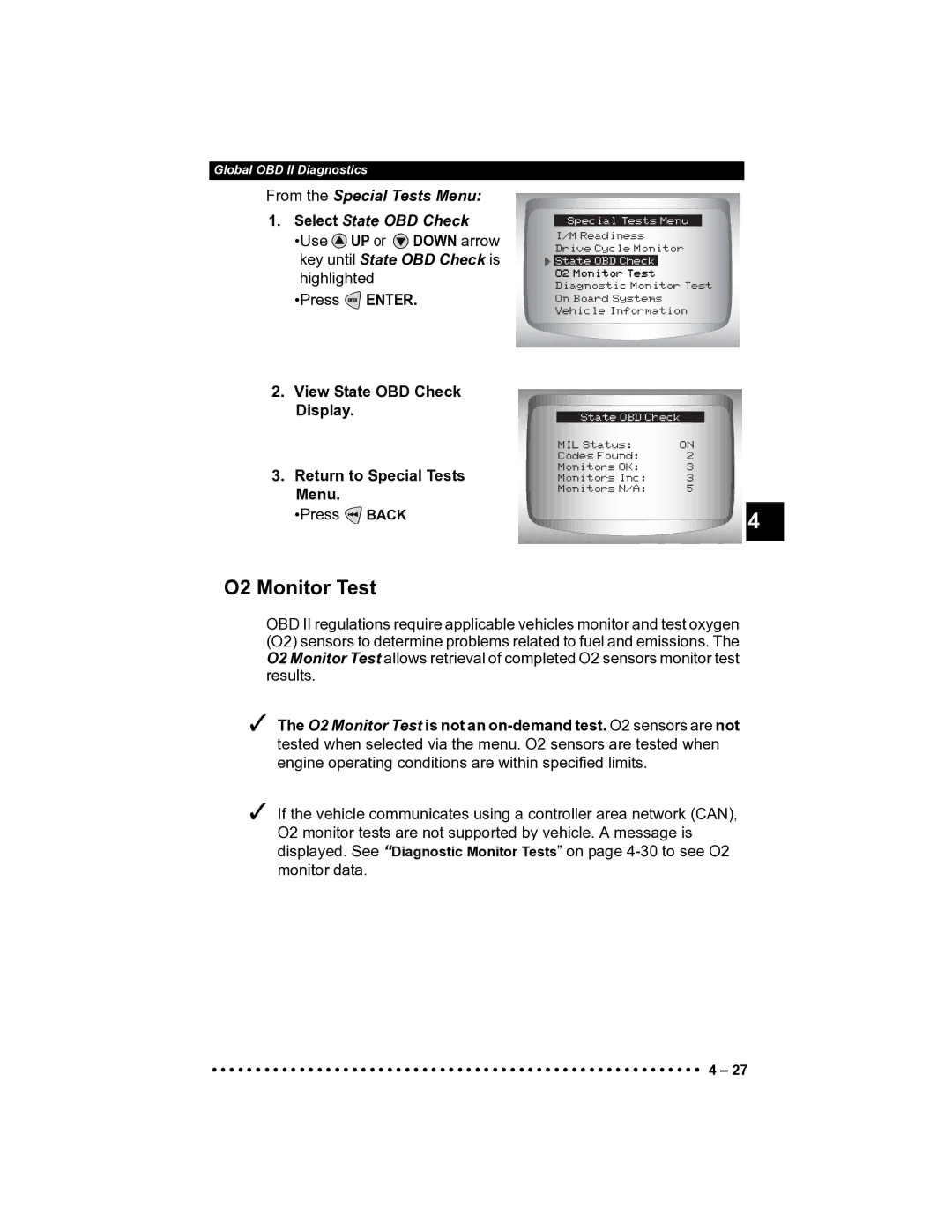 Actron CP9185 manual O2 Monitor Test, From the Special Tests Menu Select State OBD Check, Key until State OBD Check is 