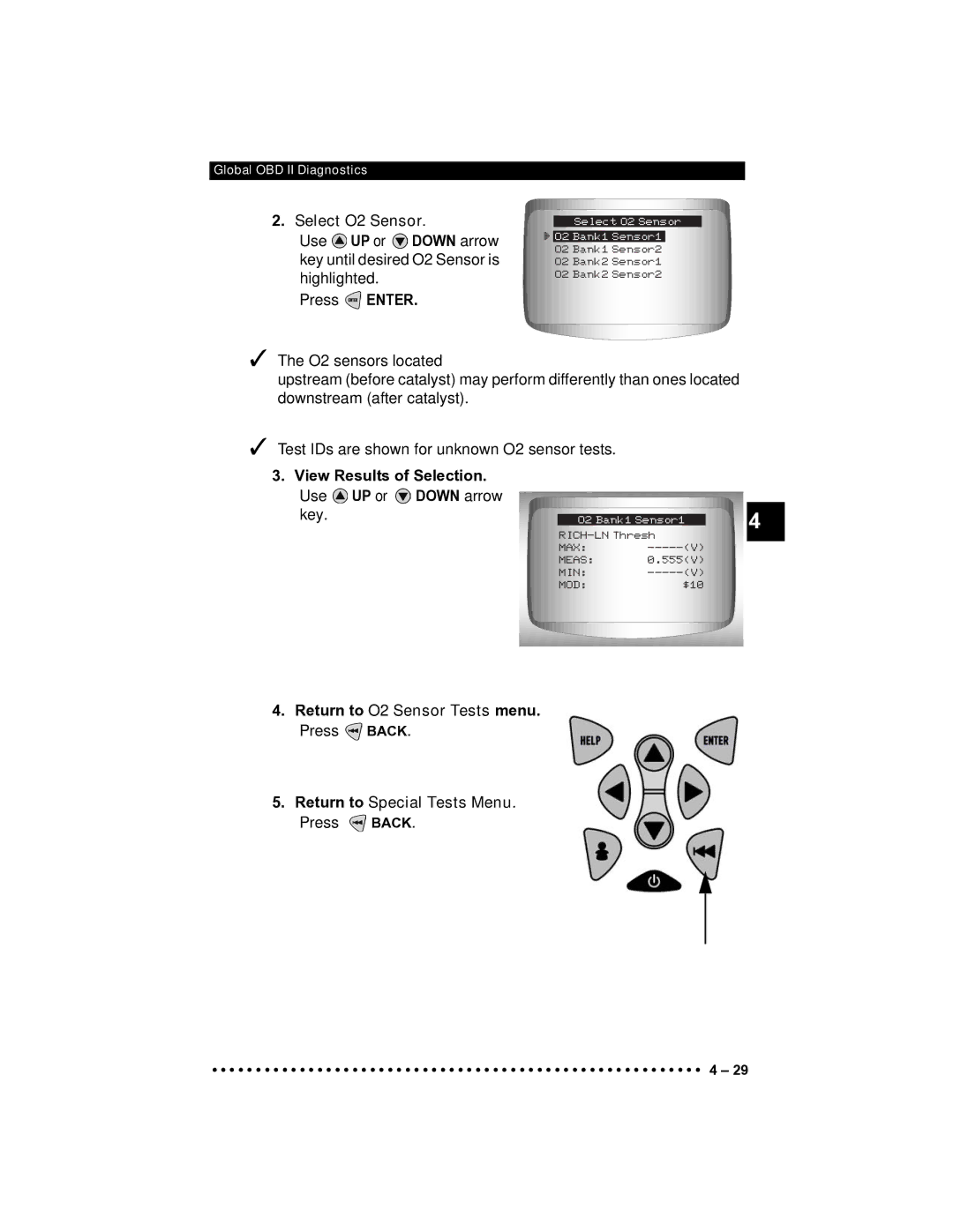 Actron CP9185 manual Select O2 Sensor, Return to Special Tests Menu. Press Back 