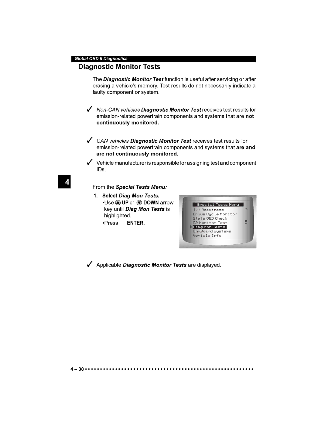 Actron CP9185 manual Diagnostic Monitor Tests, From the Special Tests Menu Select Diag Mon Tests 