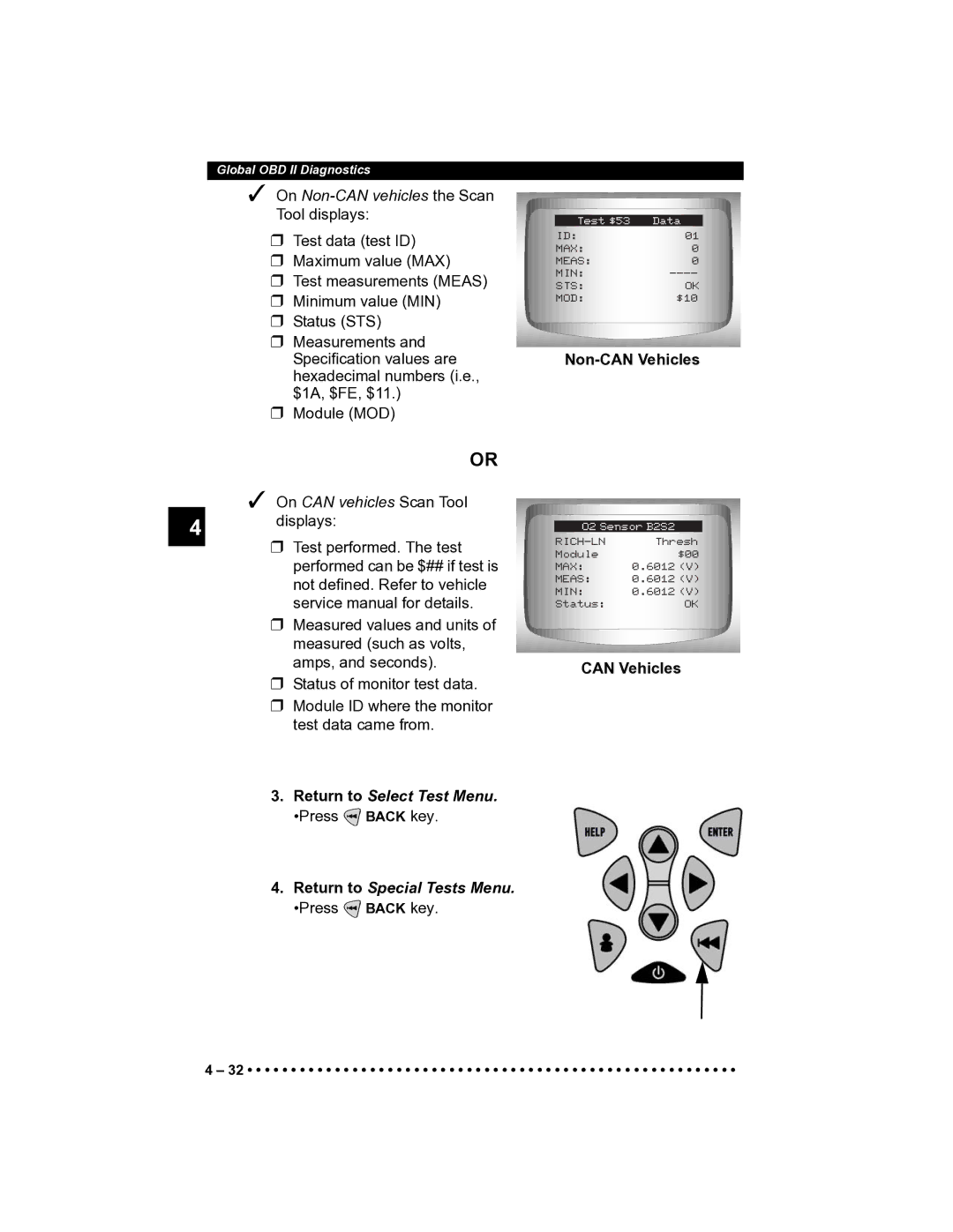 Actron CP9185 manual On Non-CAN vehicles the Scan Tool displays, Return to Select Test Menu 