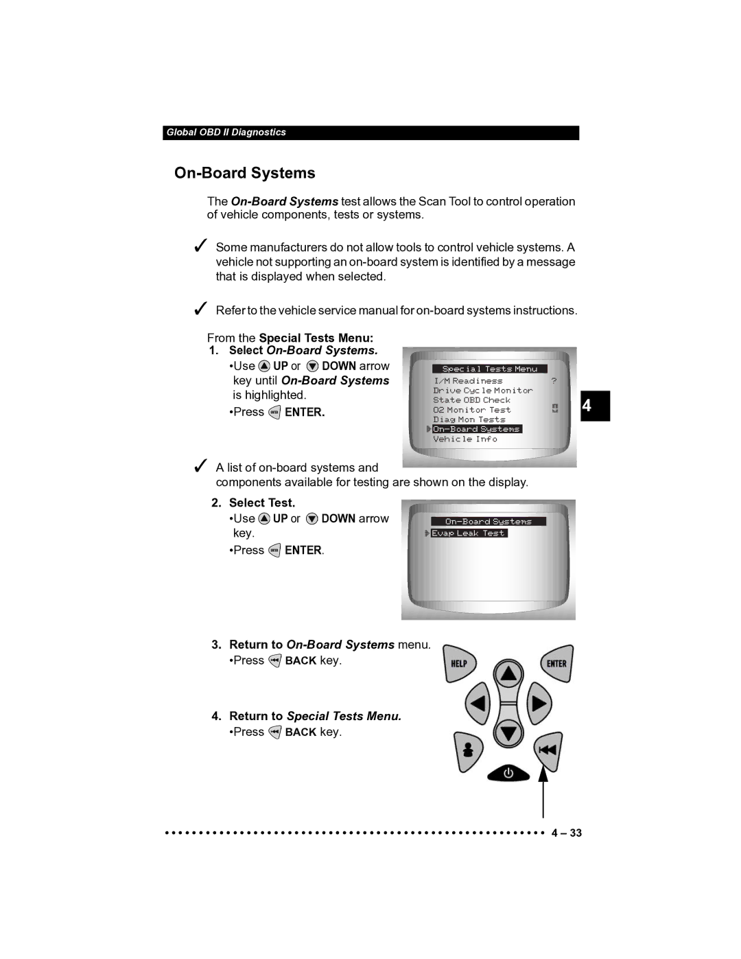 Actron CP9185 manual On-Board Systems, From the Special Tests Menu, Select Test 