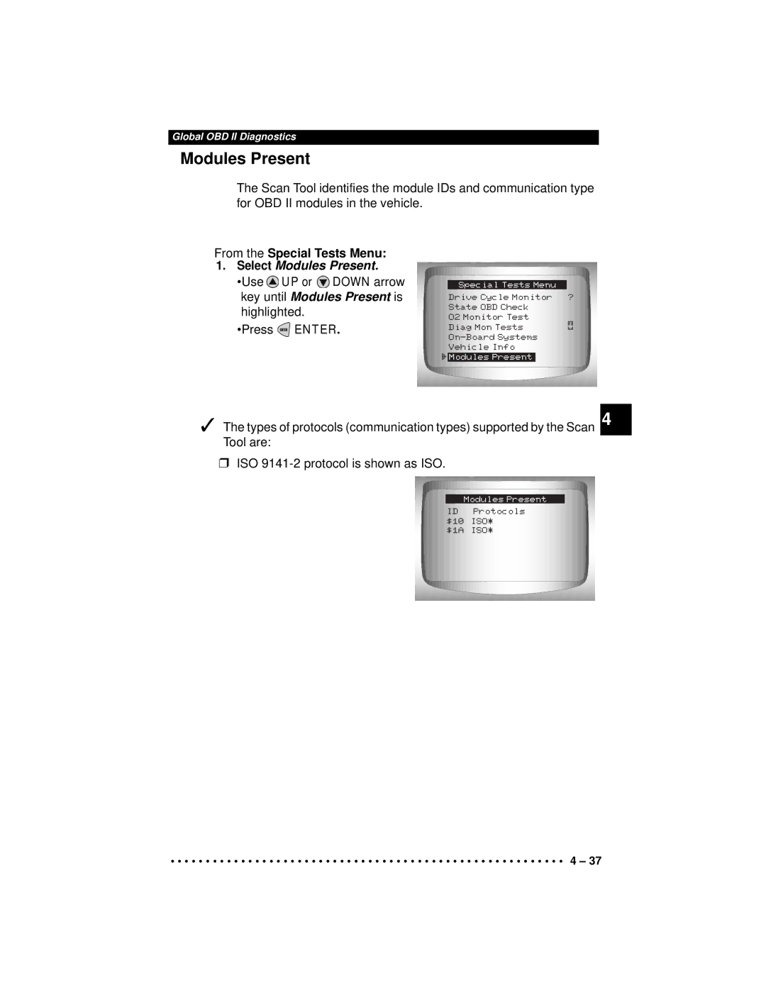 Actron CP9190 manual Modules Present, From the Special Tests Menu 