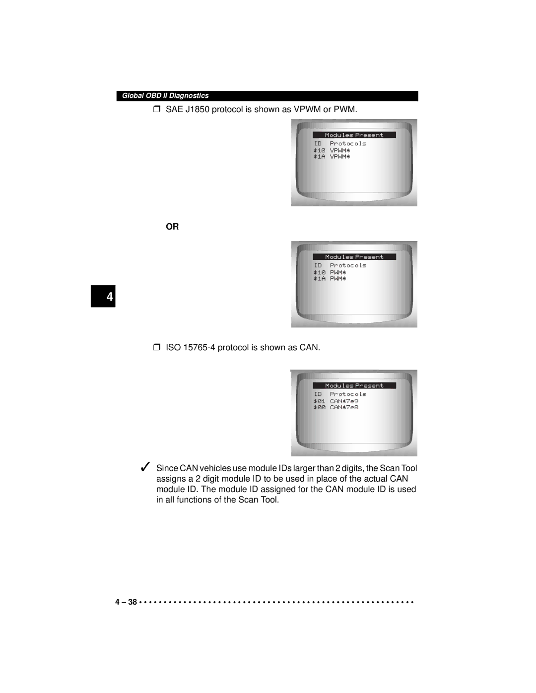 Actron CP9190 manual SAE J1850 protocol is shown as Vpwm or PWM 