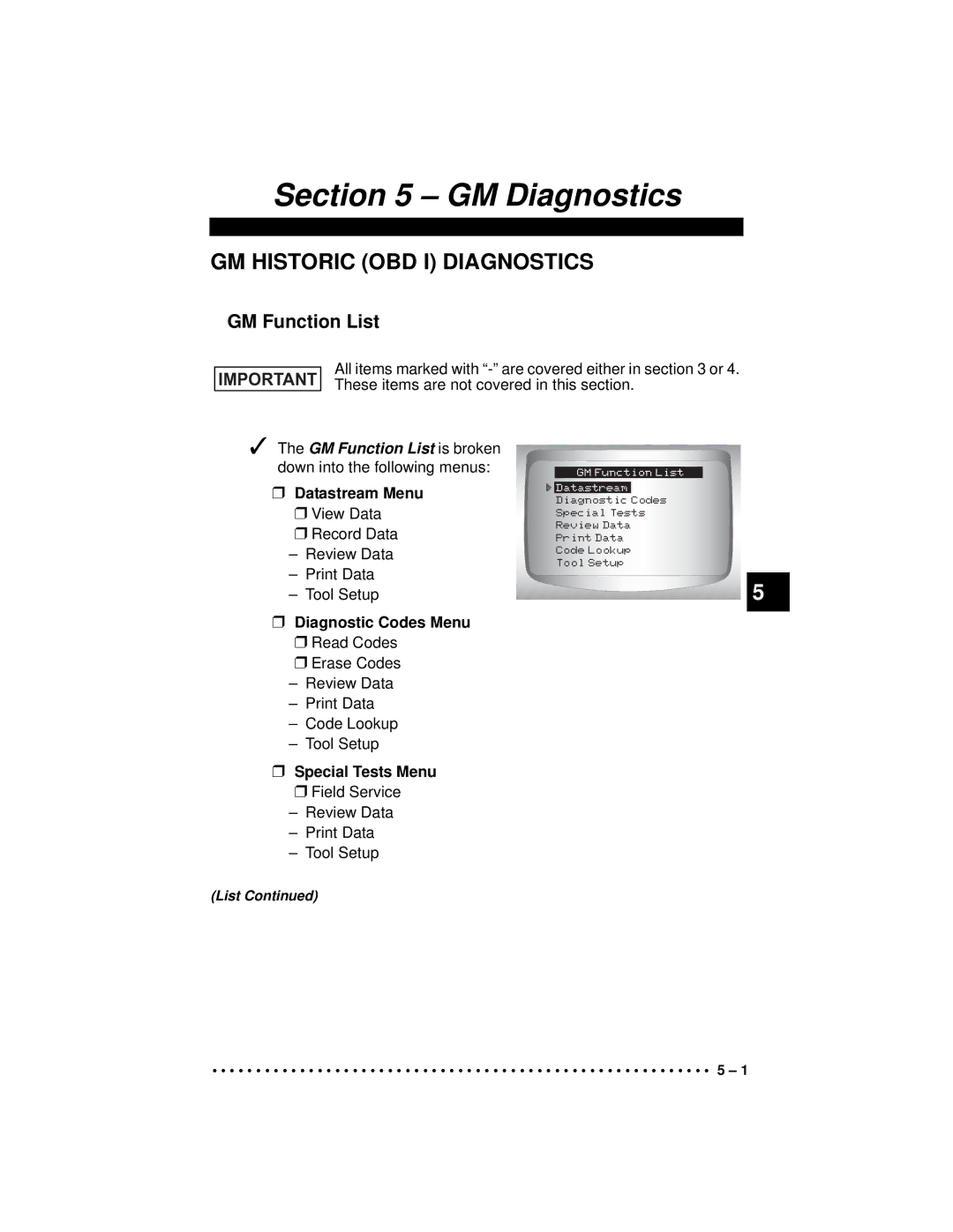 Actron CP9190 manual GM Function List is broken down into the following menus 