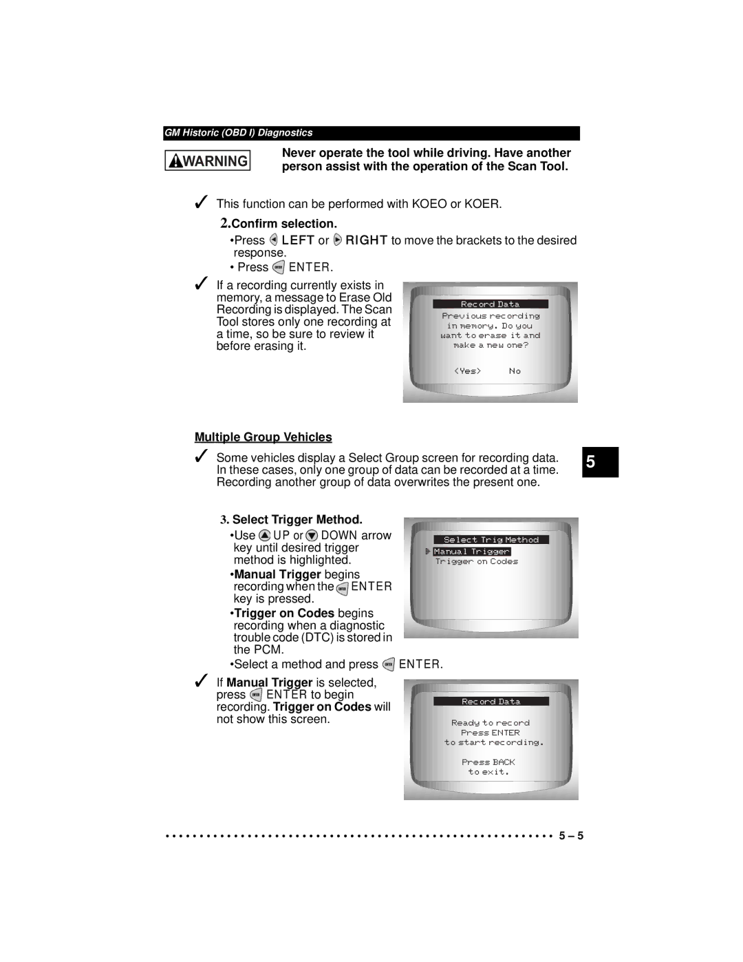 Actron CP9190 manual Select Trigger Method, Recording. Trigger on Codes will 