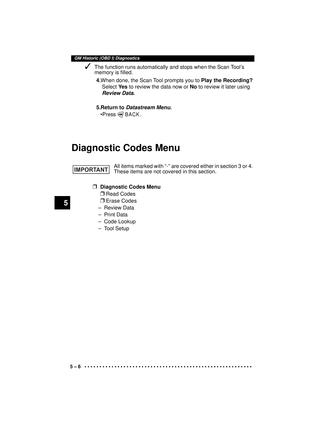 Actron CP9190 manual Diagnostic Codes Menu, Review Data Return to Datastream Menu. Press Back 