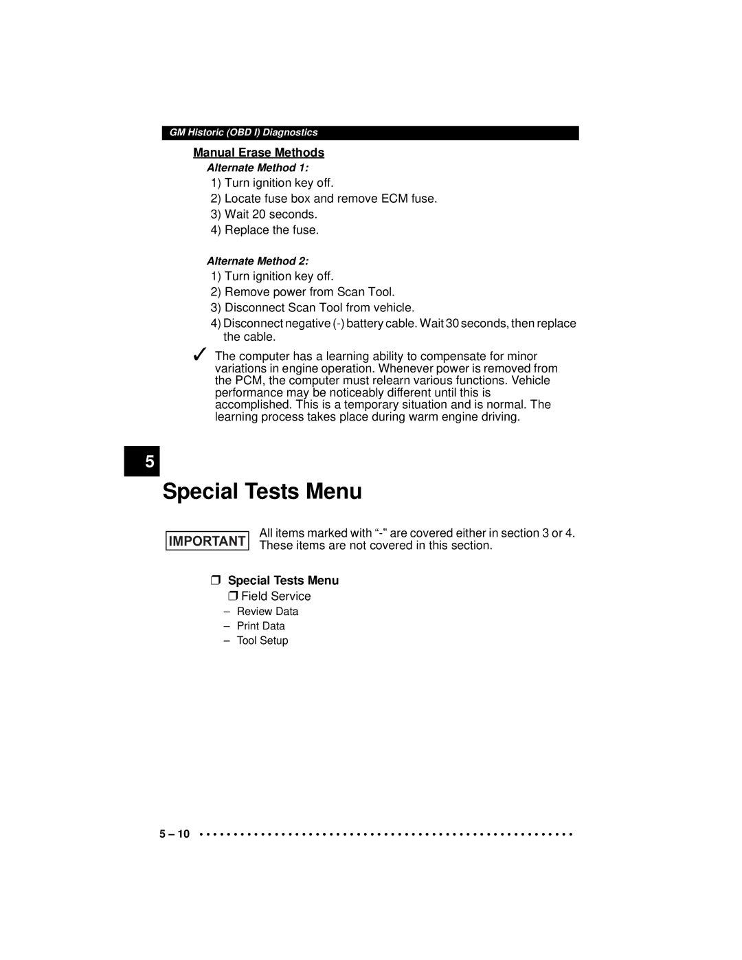 Actron CP9190 manual Special Tests Menu, Manual Erase Methods 