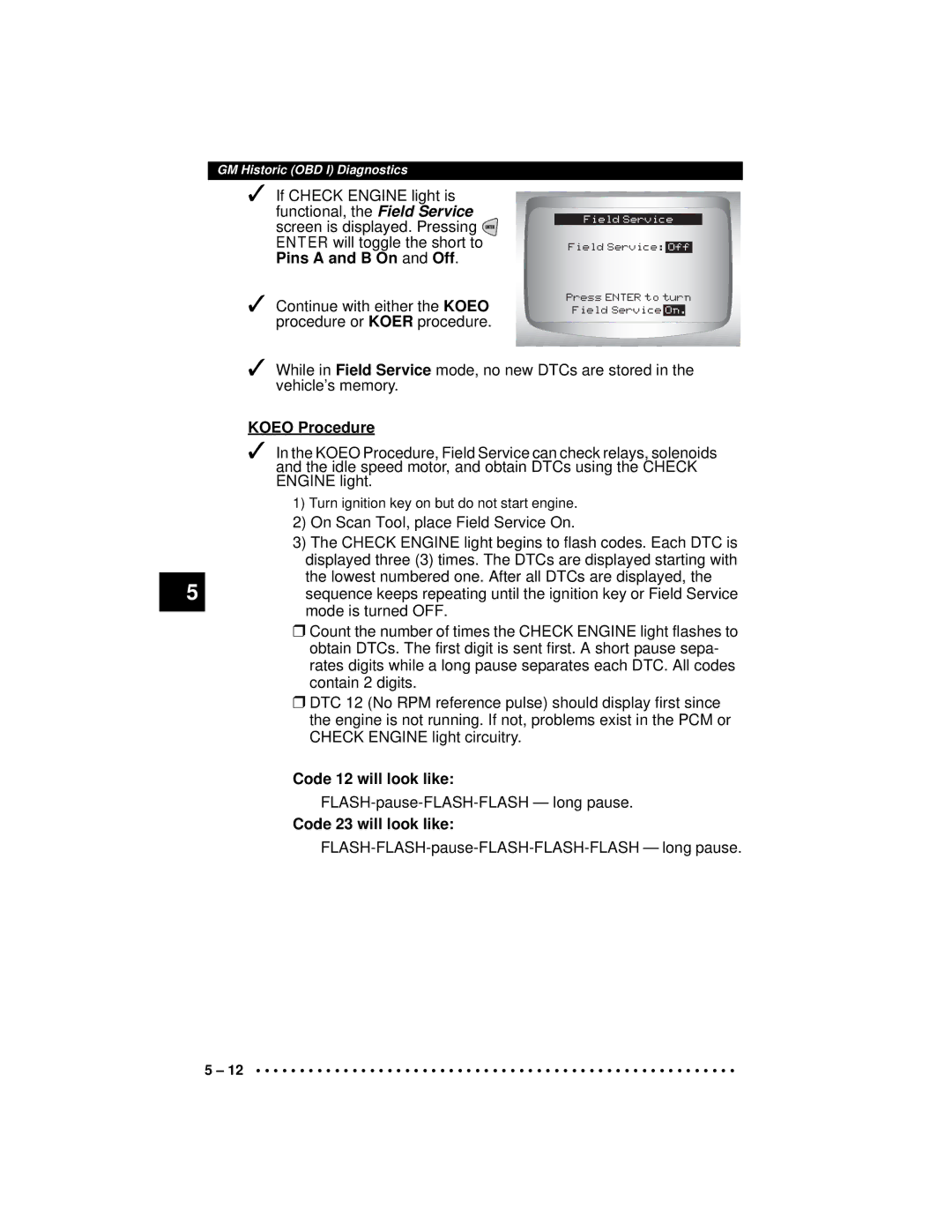 Actron CP9190 manual Koeo Procedure, Code 12 will look like, Code 23 will look like 