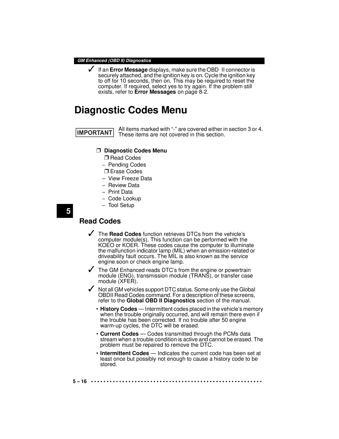 Actron CP9190 manual Diagnostic Codes Menu 