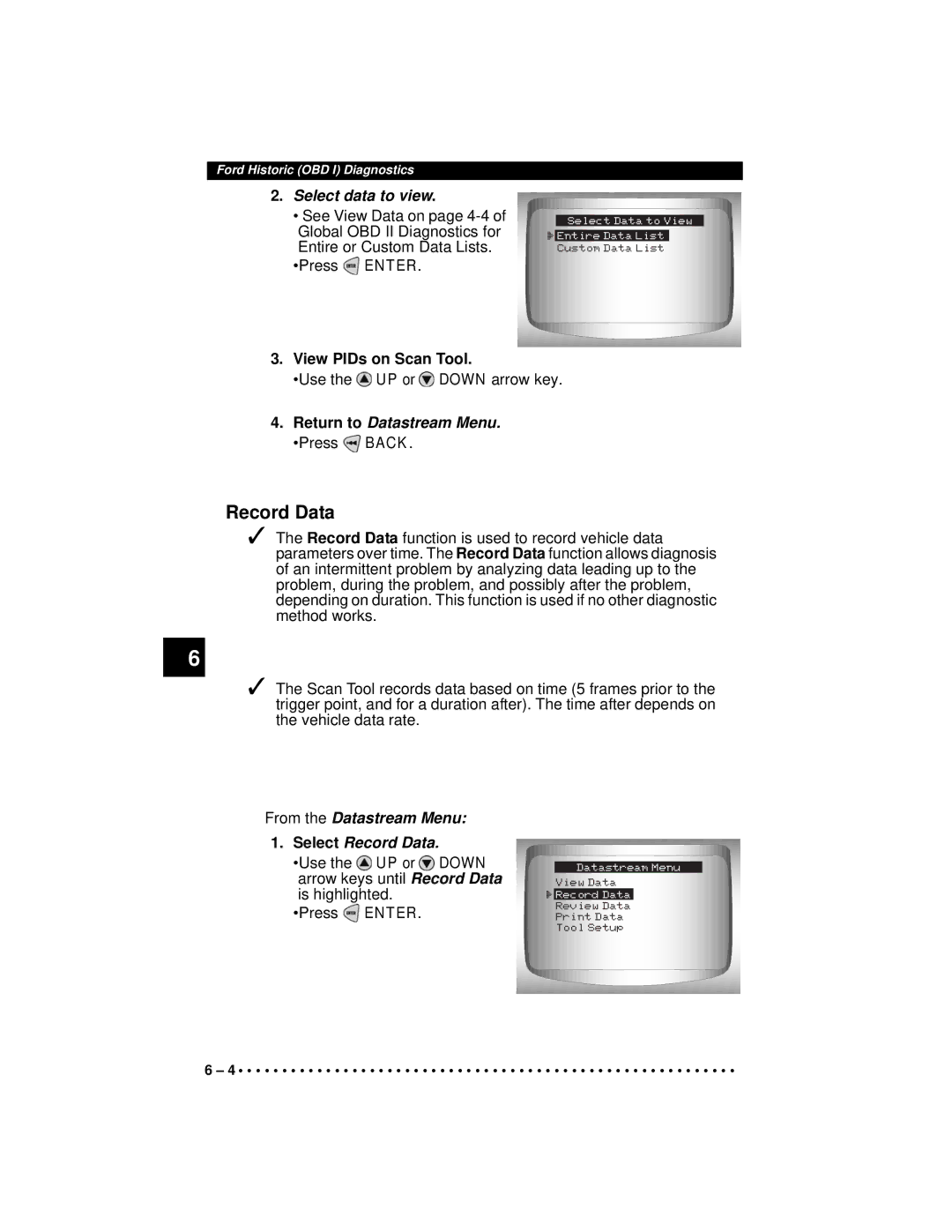 Actron CP9190 manual Select data to view, From the Datastream Menu Select Record Data 