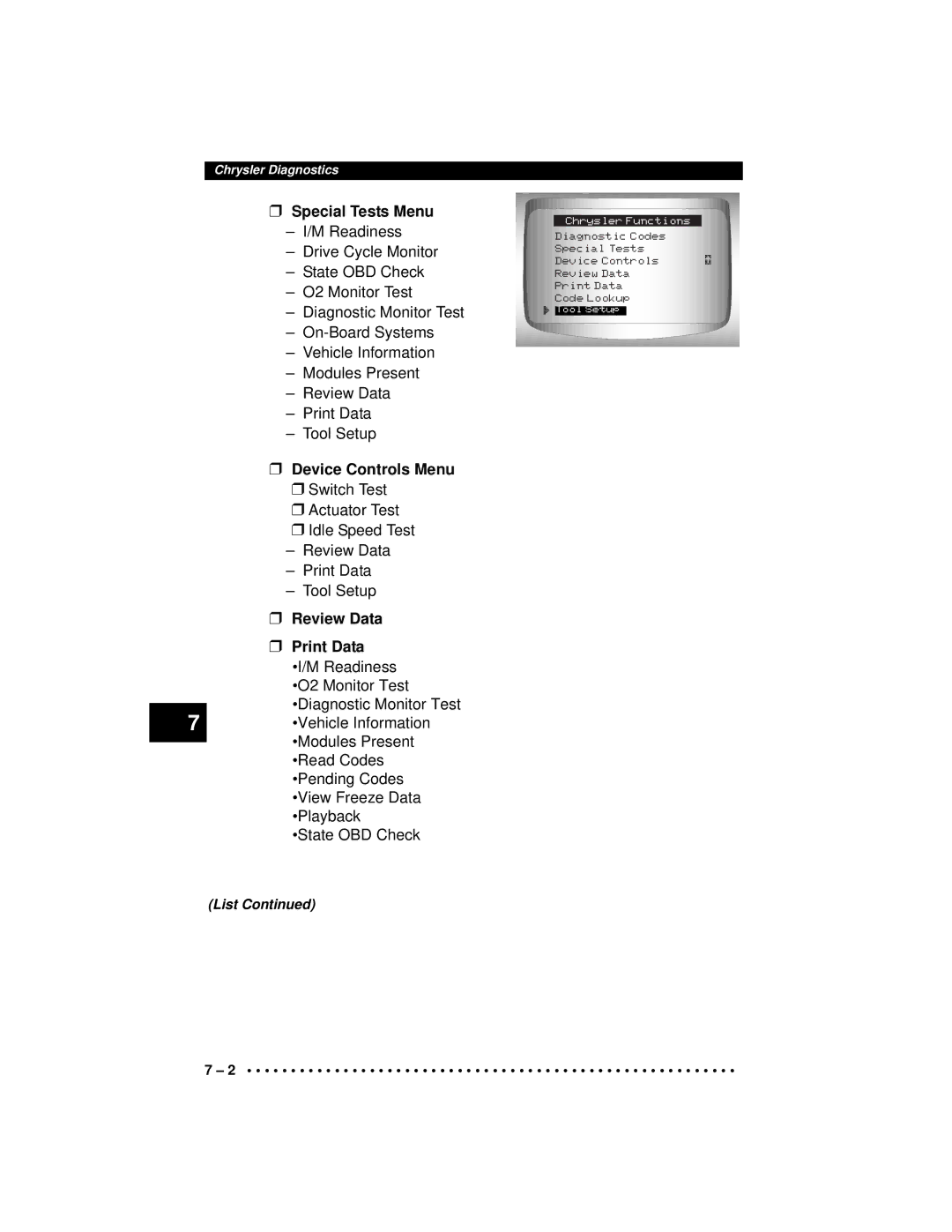 Actron CP9190 manual Special Tests Menu, Device Controls Menu 