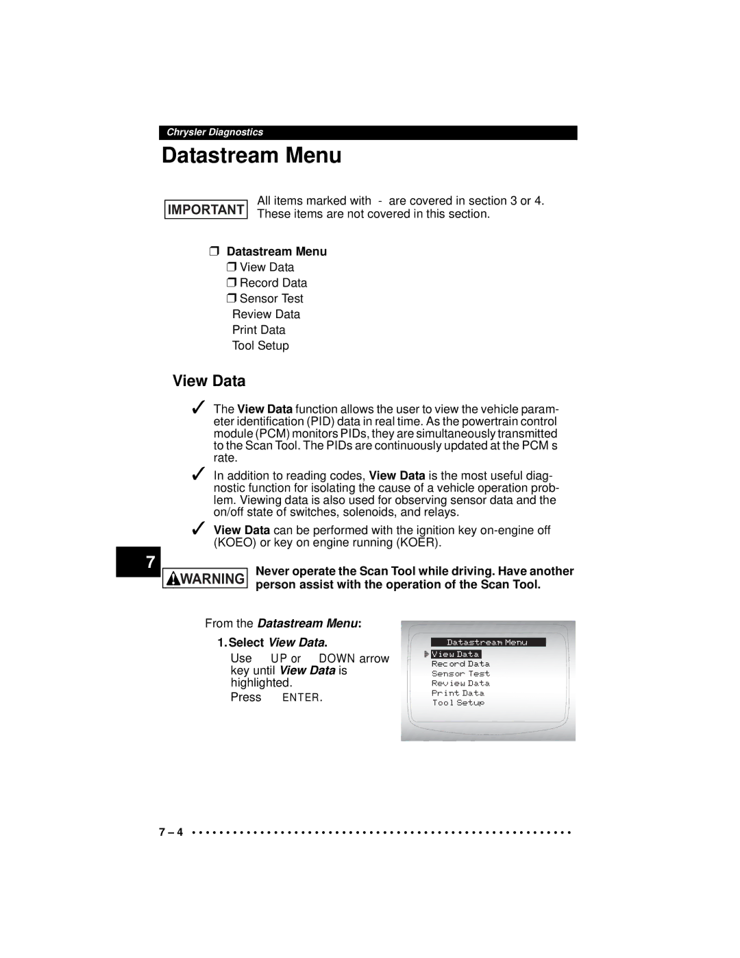 Actron CP9190 manual Datastream Menu 