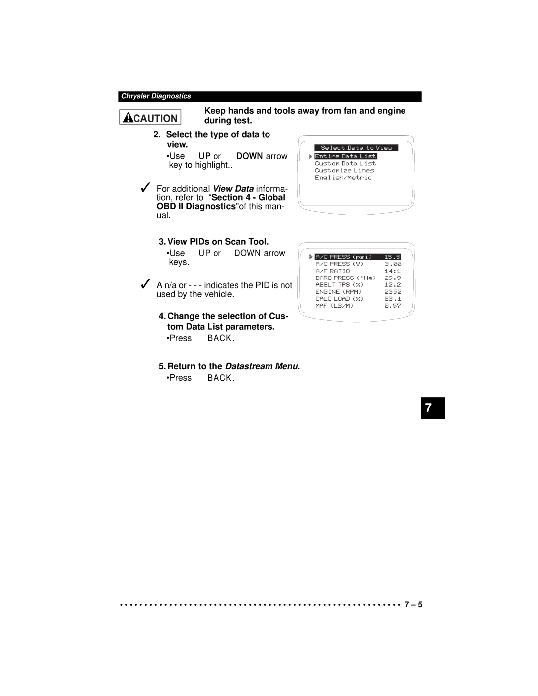 Actron CP9190 manual View PIDs on Scan Tool. Use UP or Down arrow keys 