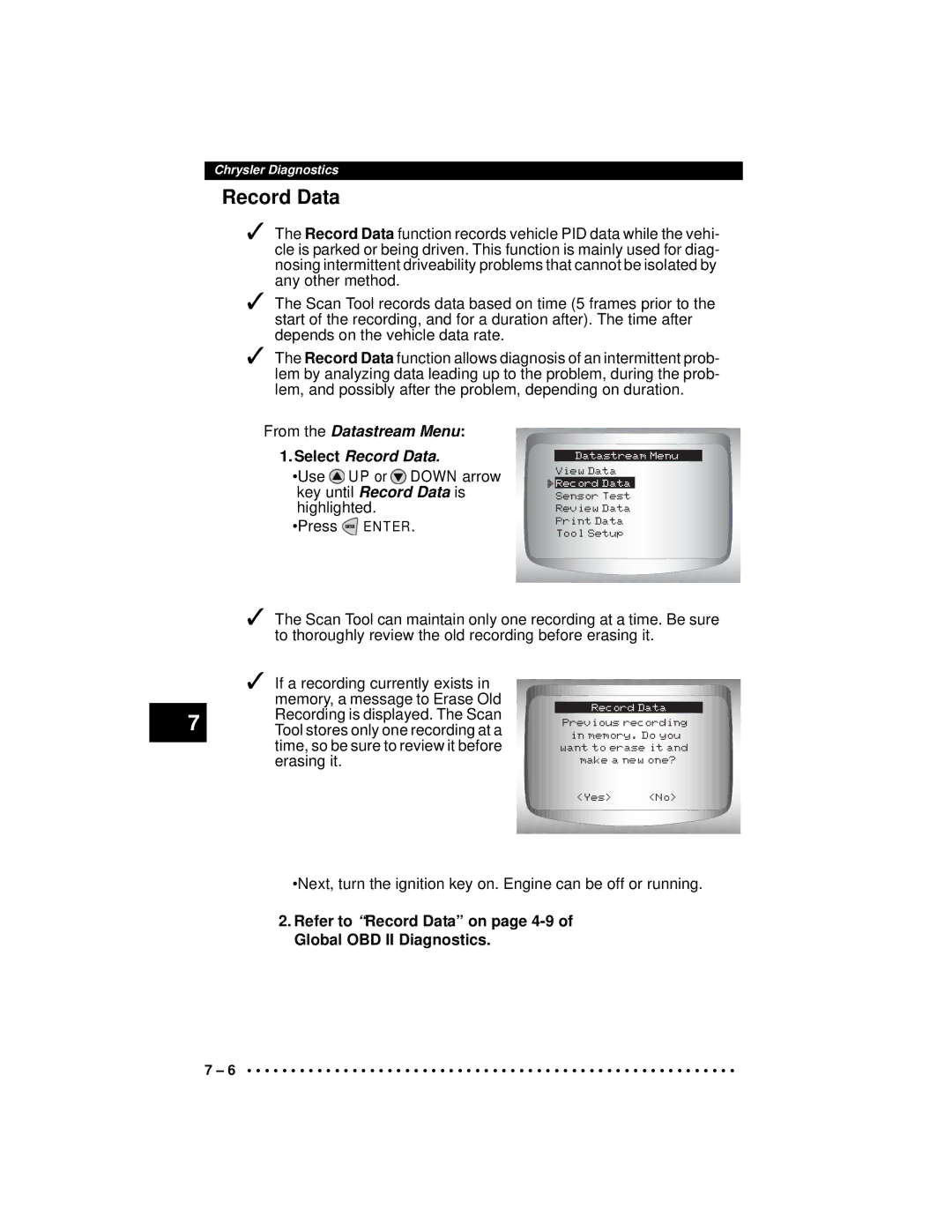 Actron CP9190 manual Use UP or Down arrow key until Record Data is highlighted 