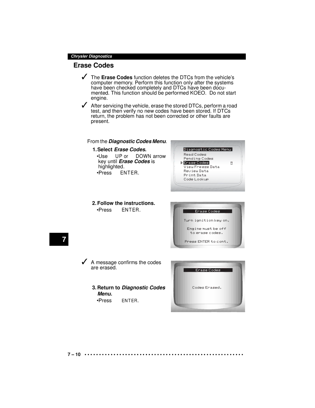 Actron CP9190 manual Erase Codes, Follow the instructions. Press Enter 