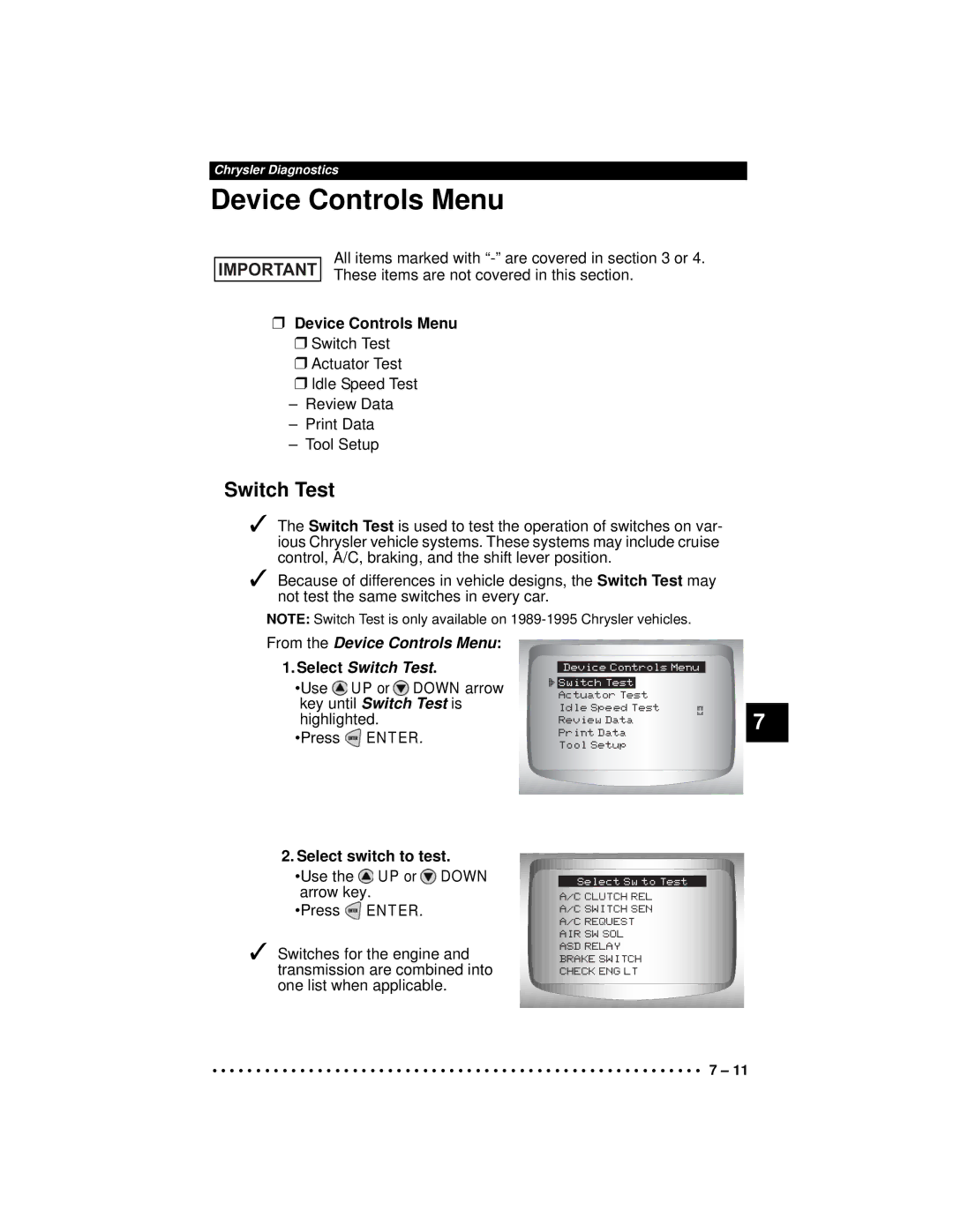 Actron CP9190 manual From the Device Controls Menu Select Switch Test 