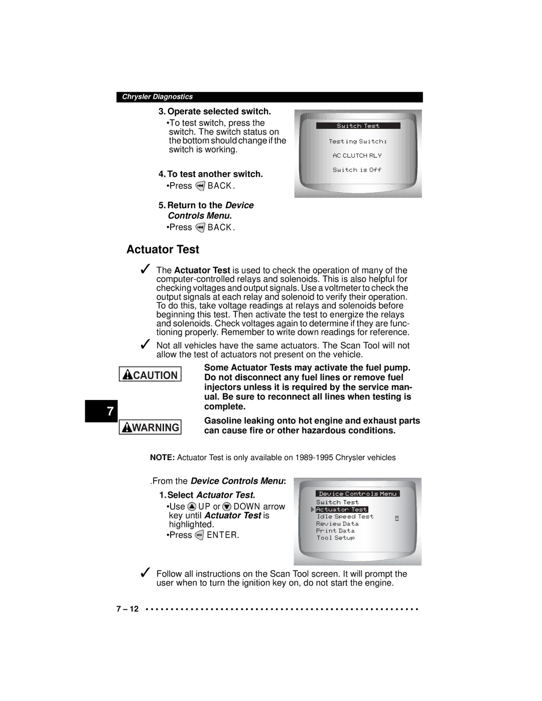 Actron CP9190 manual Operate selected switch, From the Device Controls Menu Select Actuator Test 