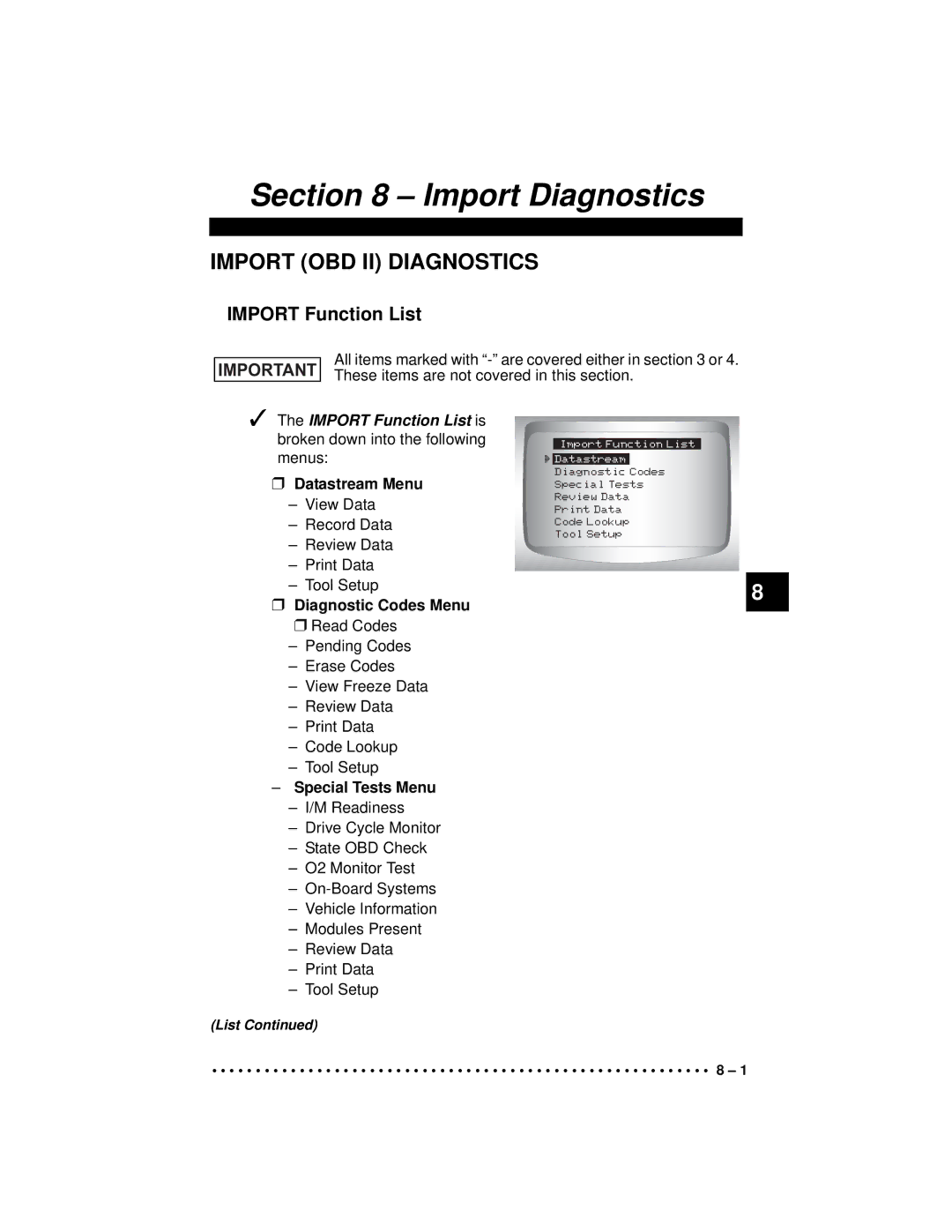 Actron CP9190 manual Import Function List is broken down into the following menus 