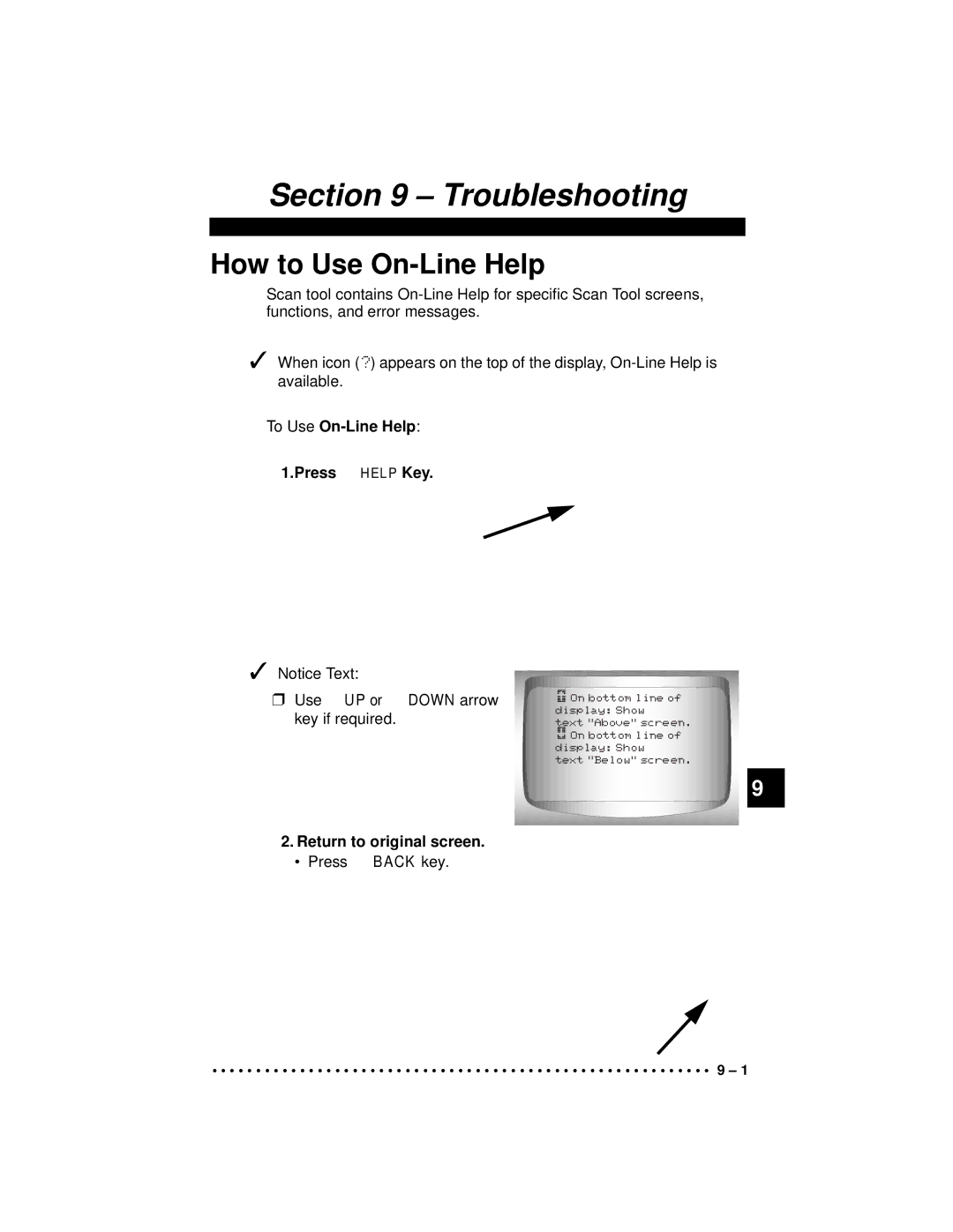 Actron CP9190 manual How to Use On-Line Help, To Use On-Line Help Press Help Key, Return to original screen 