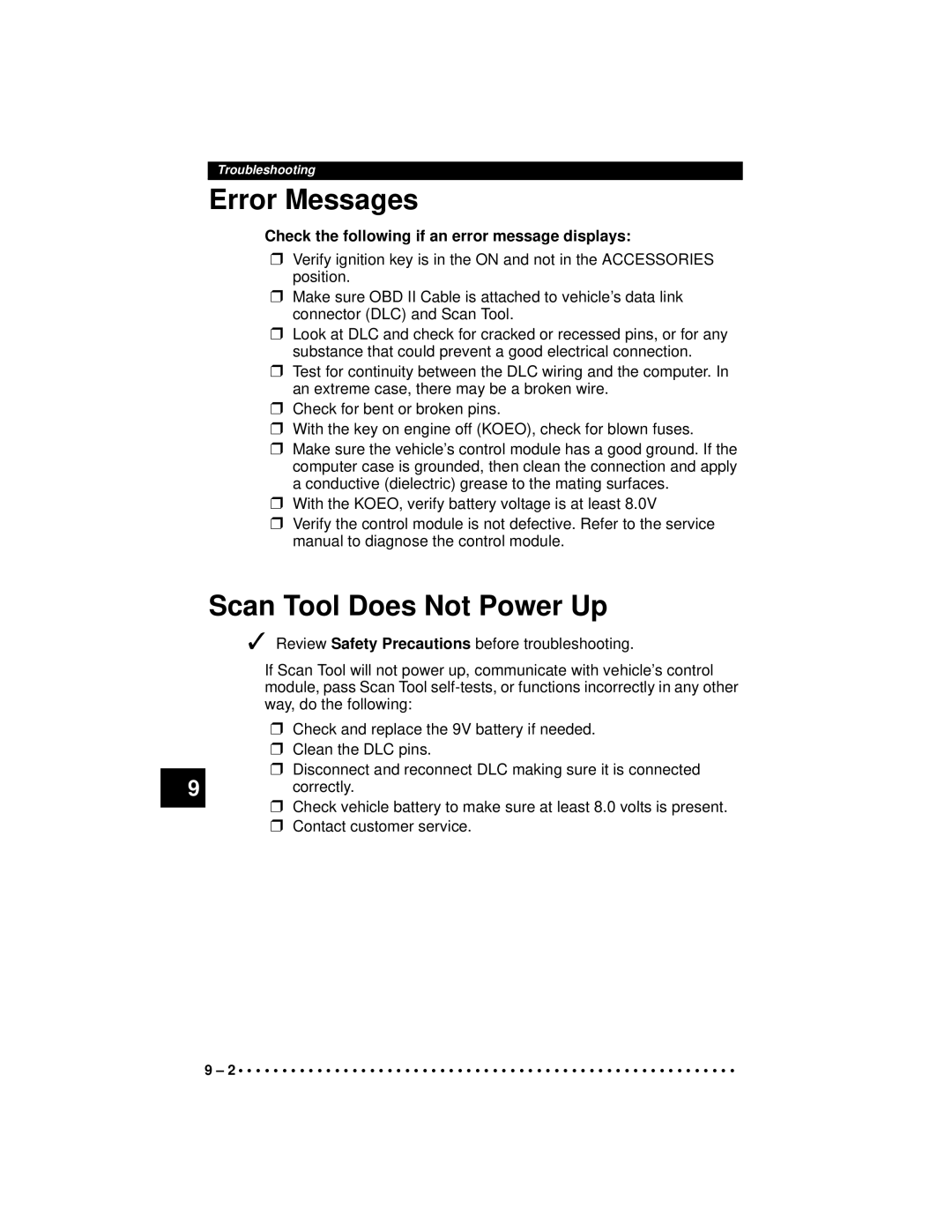 Actron CP9190 manual Error Messages, Scan Tool Does Not Power Up, Check the following if an error message displays 