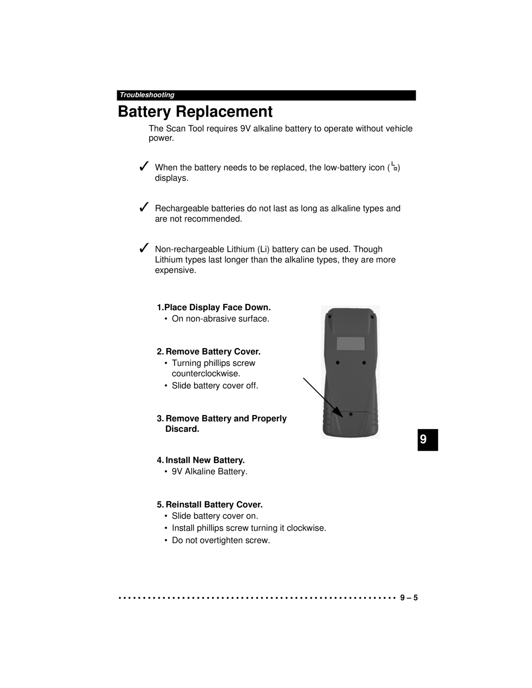 Actron CP9190 manual Battery Replacement, Place Display Face Down, Remove Battery Cover, Reinstall Battery Cover 