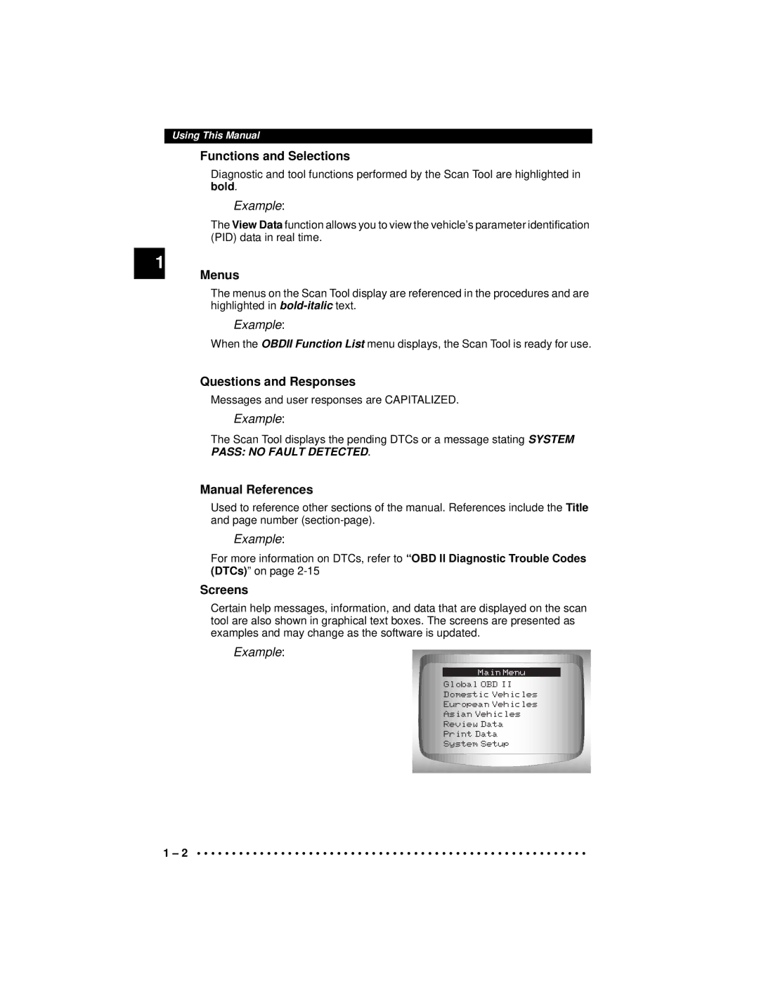 Actron CP9190 manual Functions and Selections, Menus, Questions and Responses, Manual References, Screens 