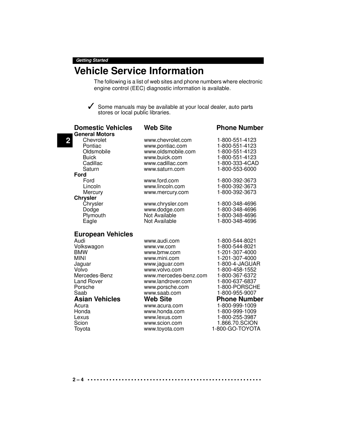 Actron CP9190 manual Vehicle Service Information, Domestic Vehicles Web Site, European Vehicles, Asian Vehicles Web Site 