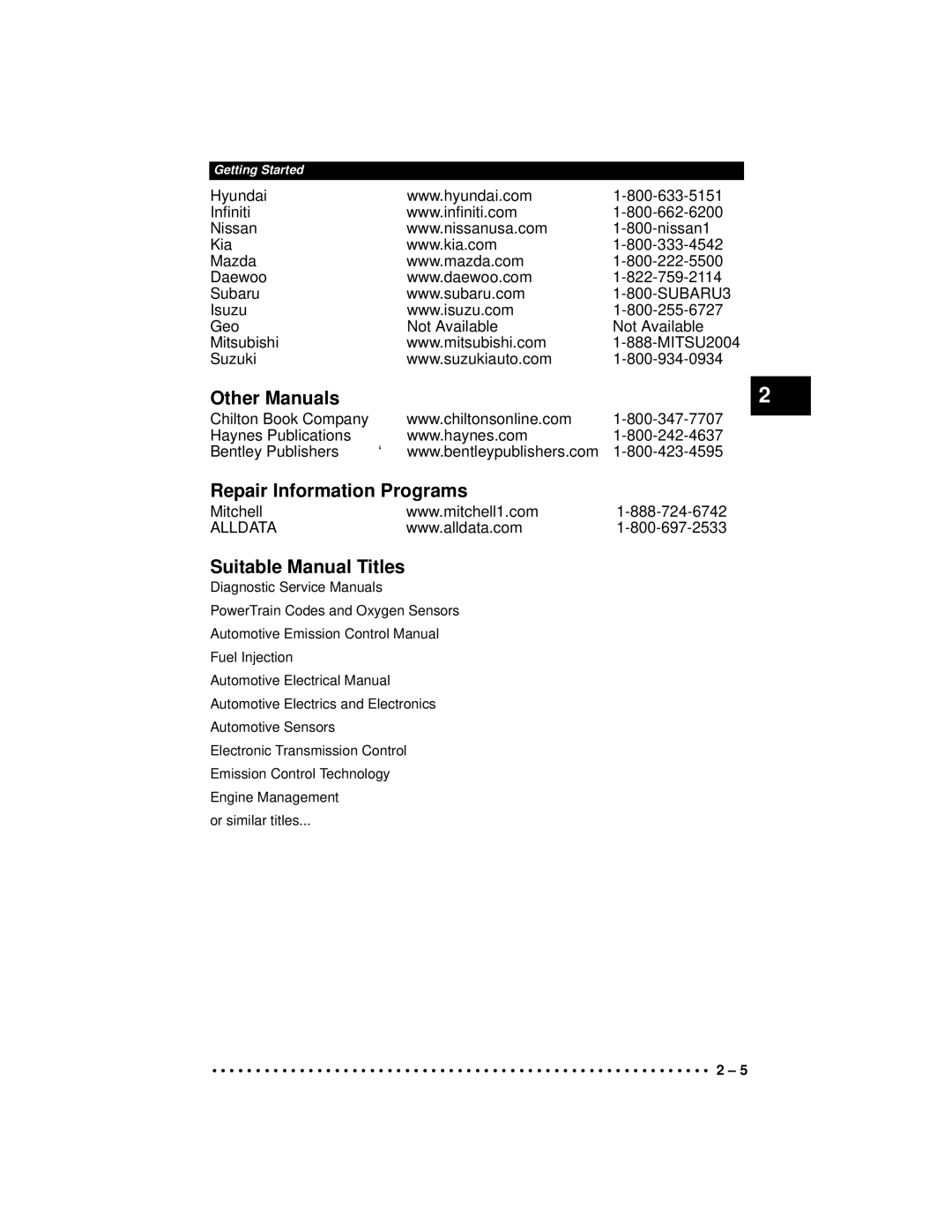 Actron CP9190 manual Other Manuals, Repair Information Programs, Suitable Manual Titles 