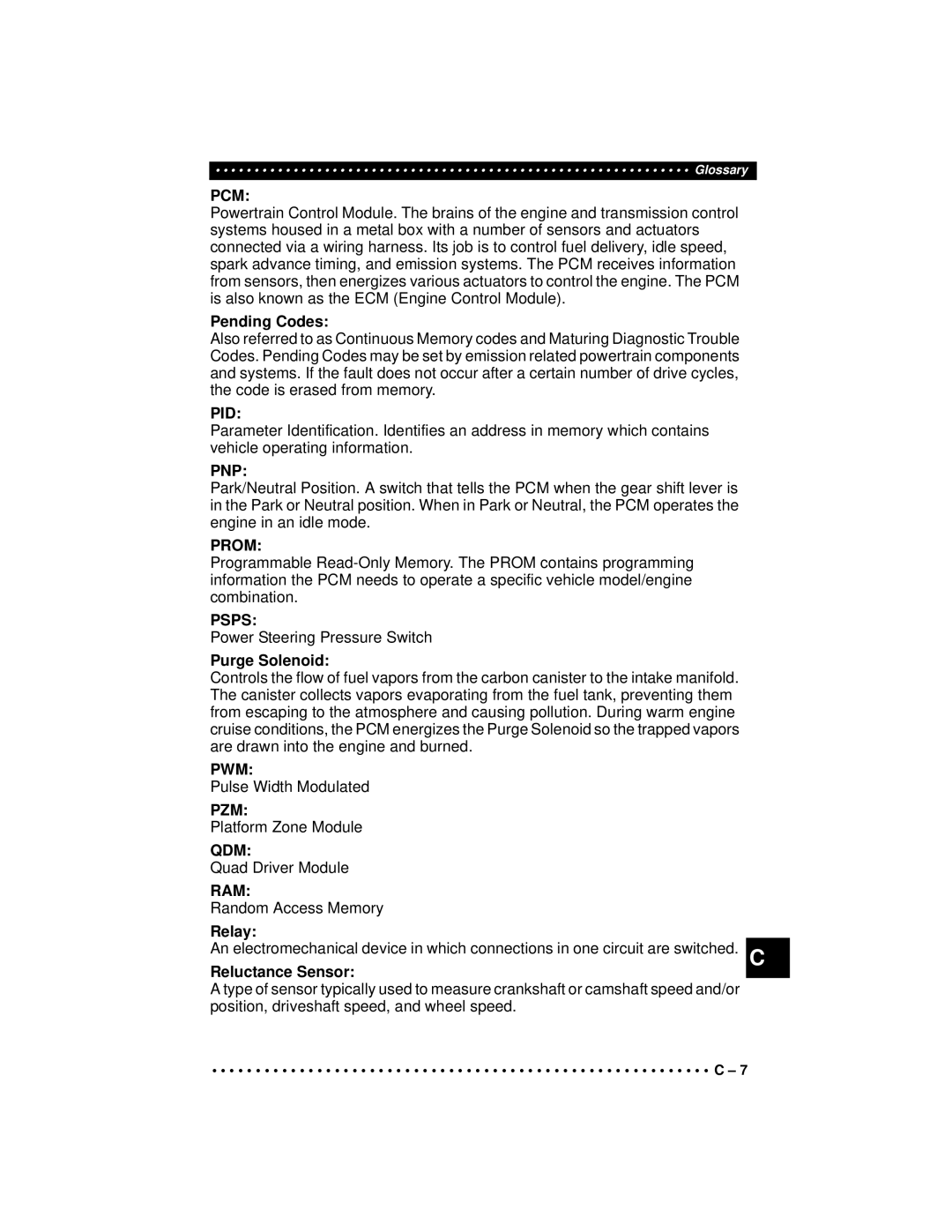 Actron CP9190 manual Pending Codes, Purge Solenoid, Relay, Reluctance Sensor 