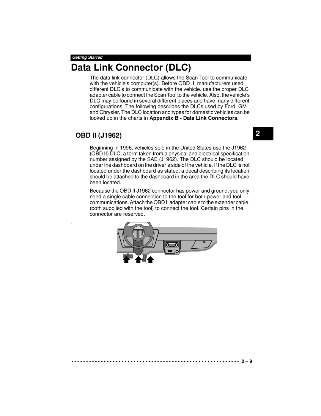 Actron CP9190 manual Data Link Connector DLC, OBD II J1962 