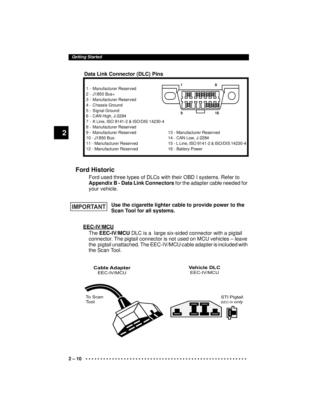 Actron CP9190 manual Ford Historic, Data Link Connector DLC Pins 