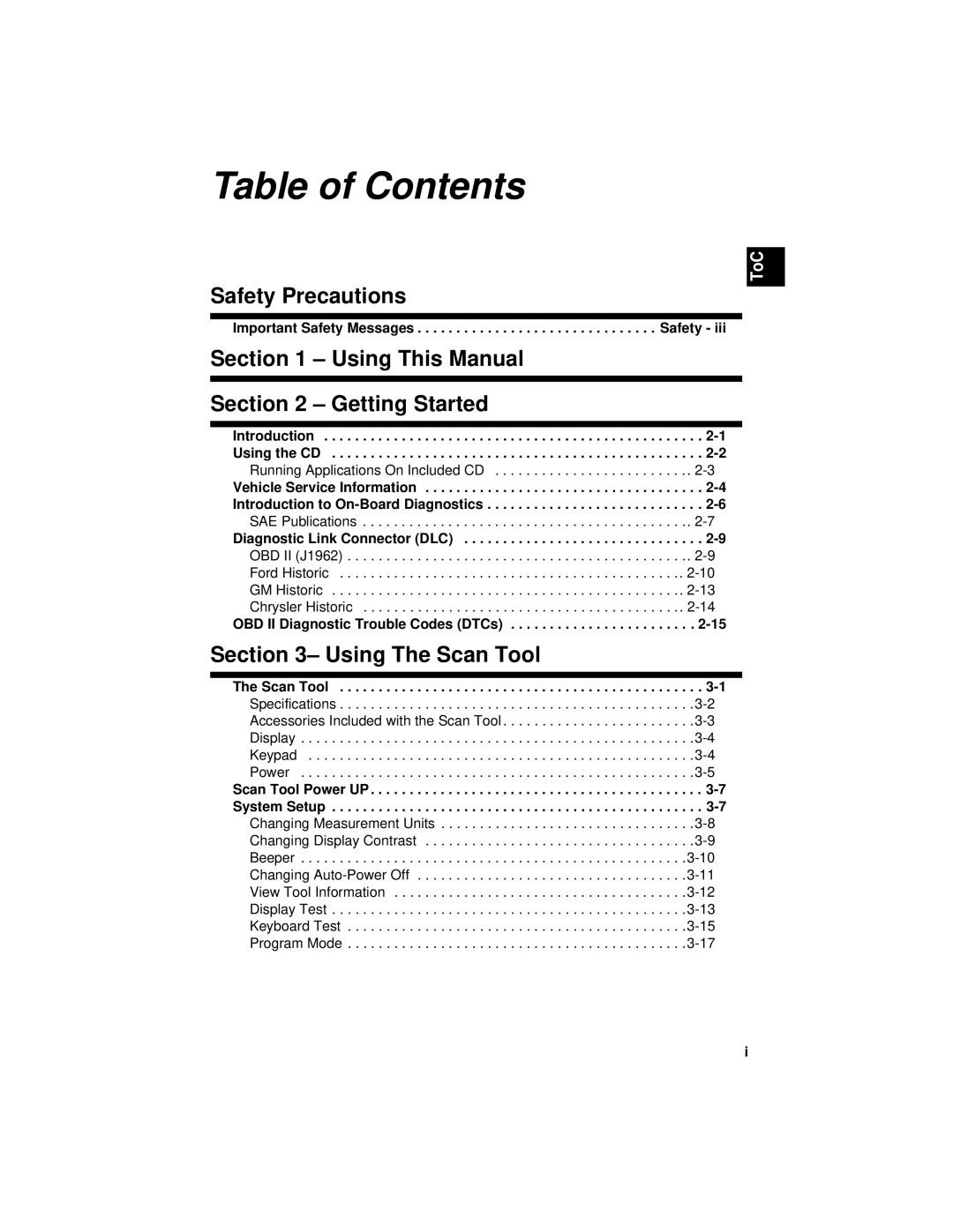 Actron CP9190 manual Table of Contents 