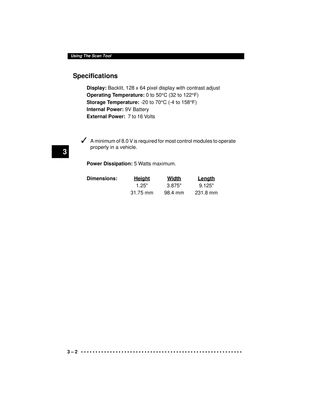 Actron CP9190 manual Specifications, Operating Temperature 0 to 50C 32 to 122F, Length 