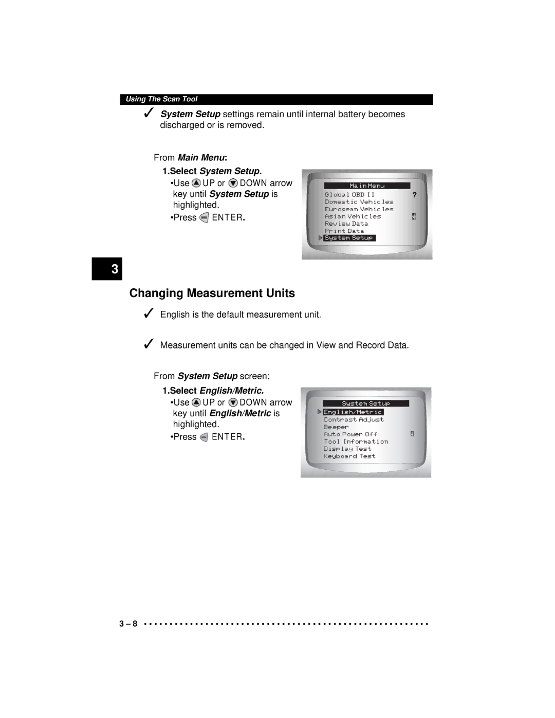 Actron CP9190 manual Changing Measurement Units, From Main Menu 1.Select System Setup 