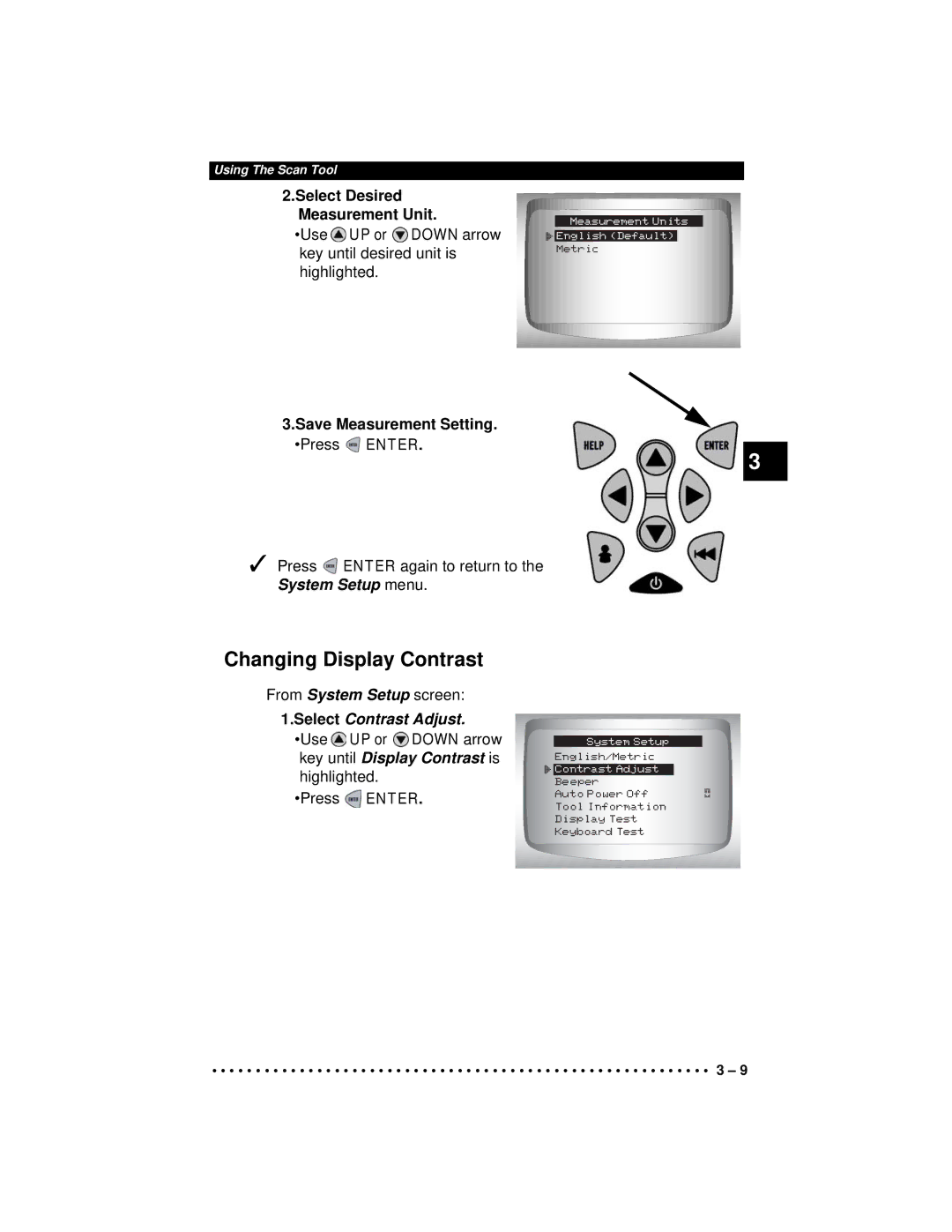 Actron CP9190 manual Changing Display Contrast, Select Desired Measurement Unit, Save Measurement Setting. Press Enter 