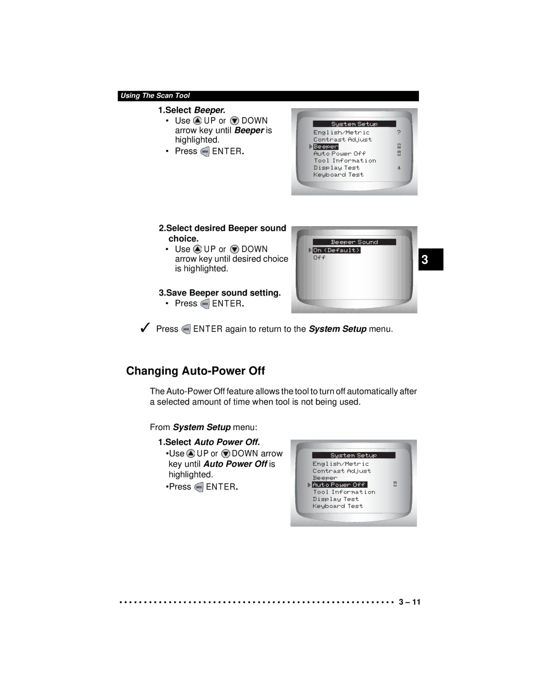 Actron CP9190 Changing Auto-Power Off, Select desired Beeper sound choice, Save Beeper sound setting, System Setup menu 