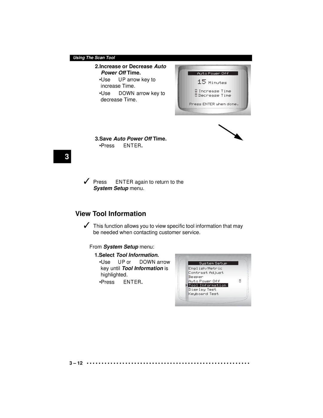 Actron CP9190 manual View Tool Information, Increase or Decrease Auto Power Off Time, Save Auto Power Off Time. Press Enter 