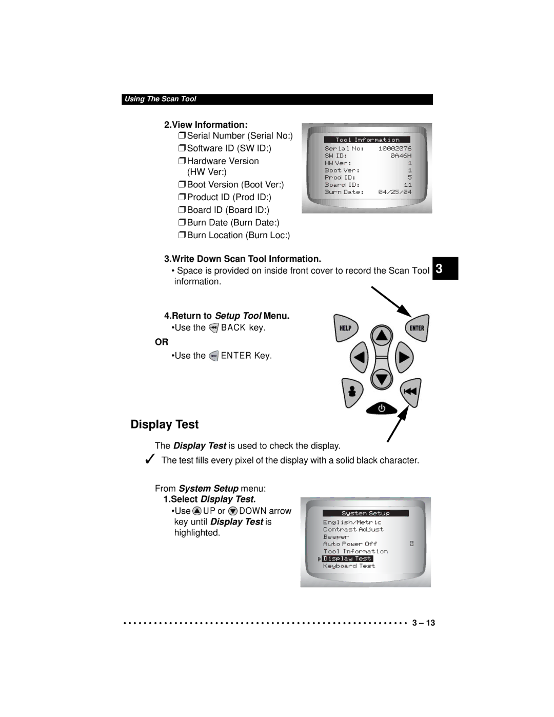 Actron CP9190 manual View Information, Write Down Scan Tool Information, From System Setup menu Select Display Test 