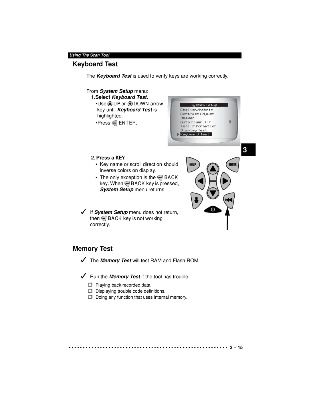 Actron CP9190 manual Memory Test, From System Setup menu Select Keyboard Test, Press a KEY 